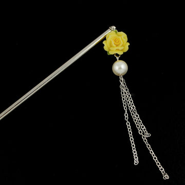 Polymer Rose Hair Stick with Pearl Tassels Yellow